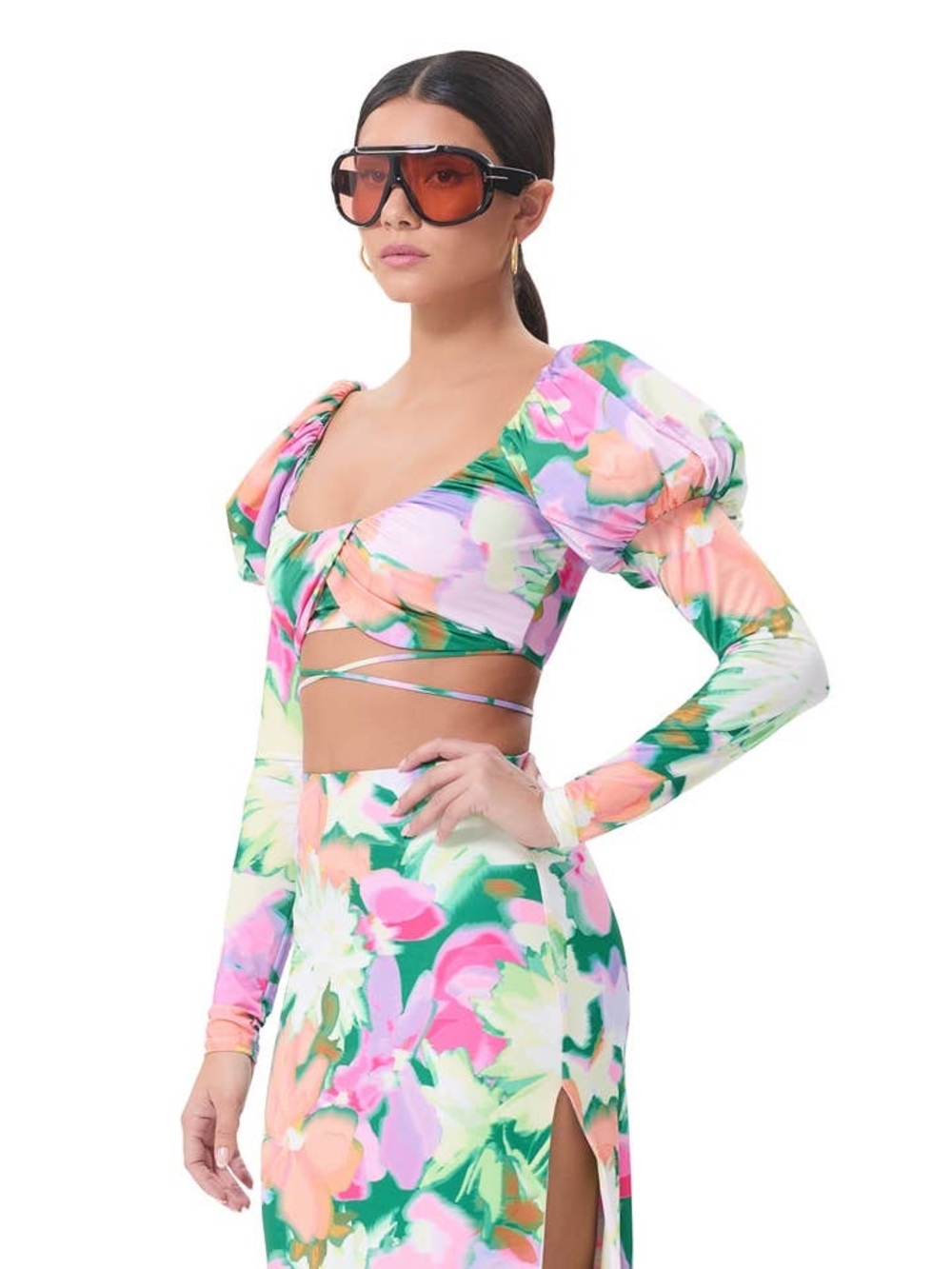 Ryleigh Tie Around Puff Sleeve Floral Crop Top - Spring Blossom
